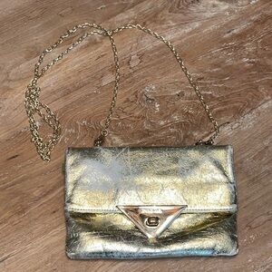 RENATO ANGI Made in Italy Gold Metallic Leather Envelope Clutch Chain Mirror